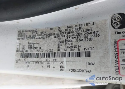 2012 Ford Fiesta Se z USA, uszkodzony, nr VIN 3FADP4BJ0CM105655